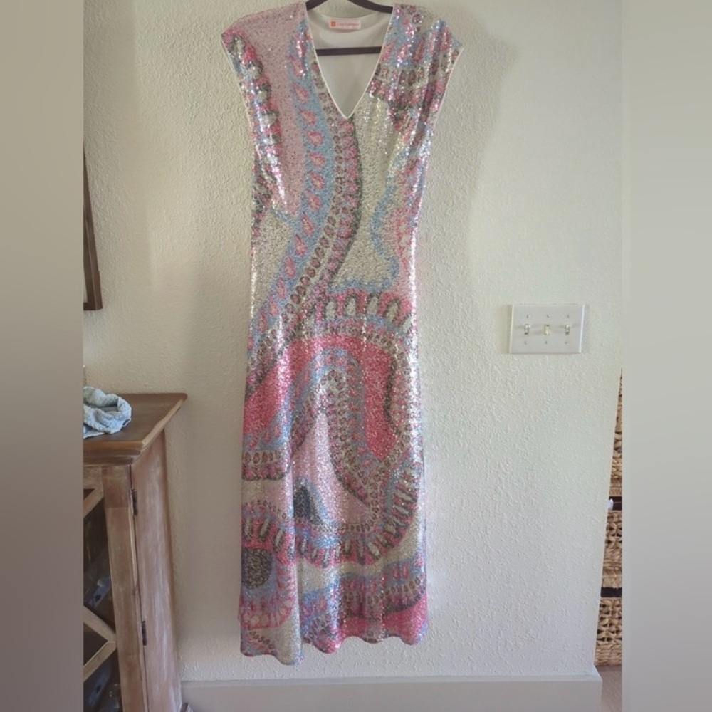 Jude Connally Sequin Midi Dress | Multicolor Abstract | Sleeveless V-Neck